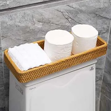 Long Narrow Rattan Tray for Bathroom Vanity Trays Decorative Jewelry Makeup Woven Back of Toilet Organizer Tray Serving Rectangle Paper Towel Storage by KOLSTRAW(16 x 6 in)