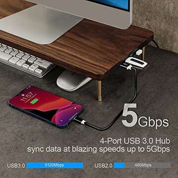 CRAFT KITTIES Monitor Stand with 4 USB Ports Walnut Wood Riser for iMac Laptop Computer Monitor – A Sturdy Computer Stand to Elevate Your Screen and Reduce Eye Strain and Maintain Body Position