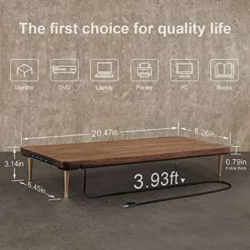 CRAFT KITTIES Monitor Stand with 4 USB Ports Walnut Wood Riser for iMac Laptop Computer Monitor – A Sturdy Computer Stand to Elevate Your Screen and Reduce Eye Strain and Maintain Body Position