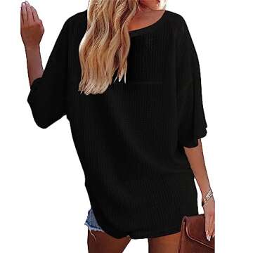 MEROKEETY Women's V Neck Batwing Half Sleeve Shirts Waffle Knit Loose Blouse Solid Color Tops, Black, M