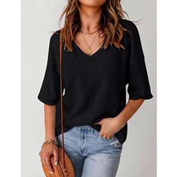 MEROKEETY Women's V Neck Batwing Half Sleeve Shirts Waffle Knit Loose Blouse Solid Color Tops, Black, M