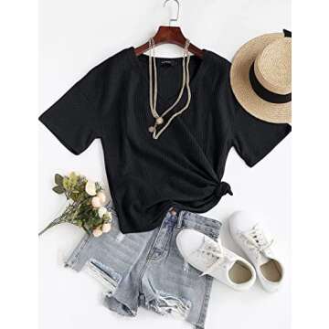 MEROKEETY Women's V Neck Batwing Half Sleeve Shirts Waffle Knit Loose Blouse Solid Color Tops, Black, M