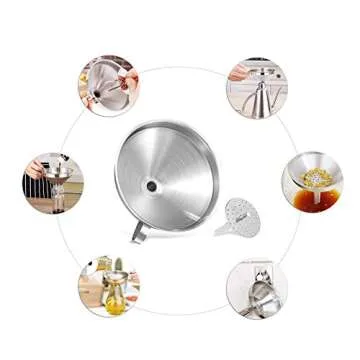 Lakatay 5-Inch Food Grade Stainless Steel Kitchen Funnel with Strainer Filter for Transferring of Liquid Dry Ingredients and Metal Cooking Funnel—Silver
