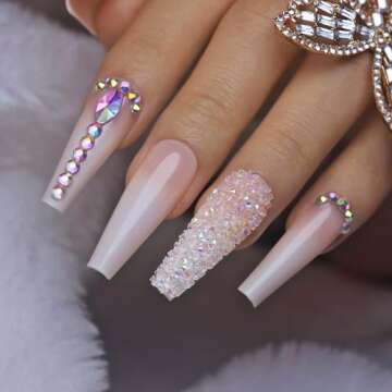 Yivaiks 24 pcs Pink Coffin Press on Nails Long Nails for Women, Glossy Crystal Rhinestone Fake Nails...