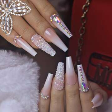 Yivaiks 24 pcs Pink Coffin Press on Nails Long Nails for Women, Glossy Crystal Rhinestone Fake Nails with Nail Glue on Nails,Full Coverage Acrylic Nails（helmsman）