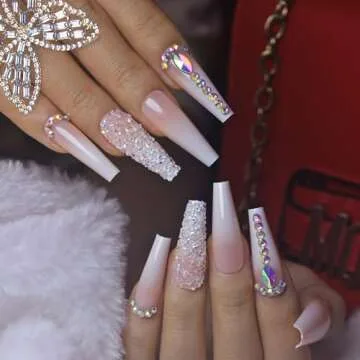 Yivaiks 24 pcs Pink Coffin Press on Nails Long Nails for Women, Glossy Crystal Rhinestone Fake Nails with Nail Glue on Nails,Full Coverage Acrylic Nails（helmsman）