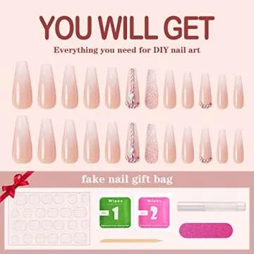 Yivaiks 24 pcs Pink Coffin Press on Nails Long Nails for Women, Glossy Crystal Rhinestone Fake Nails with Nail Glue on Nails,Full Coverage Acrylic Nails（helmsman）