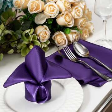 Counfeisly 36 Pack Square Satin Dinner Napkins, 16x16 Inches Silky Soft Smooth Table Cloth Napkins for Restaurant Weddings Banquet Party Decoration, Purple