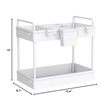 Ronlap 2 Pack Under Sink Organizers and Storage, 2 Tier Bathroom Organizer Under Sink with Handle Hanging Cup Hooks Dividers, Kitchen Organization and Storage Under Sink Cabinet Counter Shelf, White