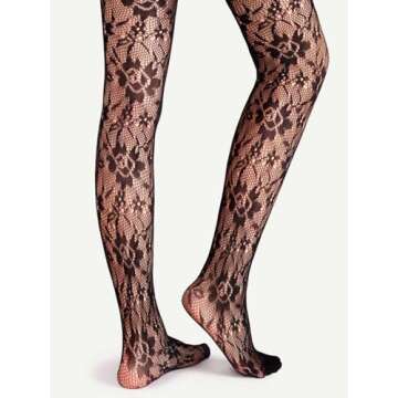 Campsis Flower Pattern Stockings Black Elastic Hollow Out Tights Knitted Rose Lace Stocking Nightclu...