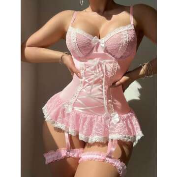 Mixxmix Lingerie Sets for Women Sexy Lace Up Rave Outfit 2 Piece Busiter Corset Bodysuit Pink S