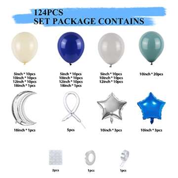 GREMAG Outer Space Balloon Garland Kit, 124PCS Space Birthday Decorations, Navy Blue Ivory White Sea Blue Grey Balloon, Moon Star Foil Balloon for Boy Kids Astronaut UFO Themed Birthday Party Supplies