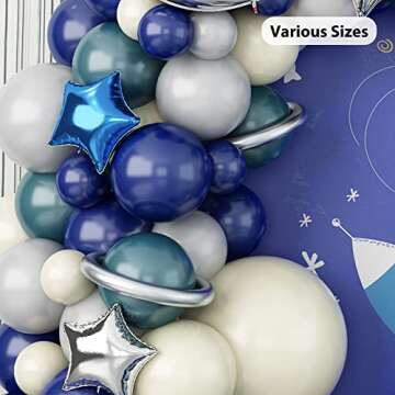 GREMAG Outer Space Balloon Garland Kit, 124PCS Space Birthday Decorations, Navy Blue Ivory White Sea Blue Grey Balloon, Moon Star Foil Balloon for Boy Kids Astronaut UFO Themed Birthday Party Supplies