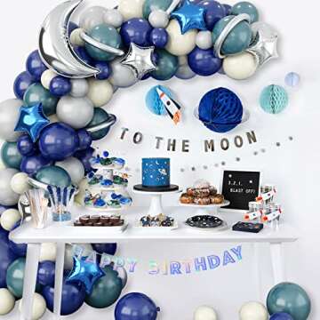 GREMAG Outer Space Balloon Garland Kit, 124PCS Space Birthday Decorations, Navy Blue Ivory White Sea Blue Grey Balloon, Moon Star Foil Balloon for Boy Kids Astronaut UFO Themed Birthday Party Supplies