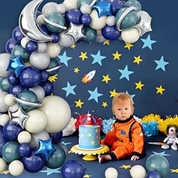 GREMAG Outer Space Balloon Garland Kit, 124PCS Space Birthday Decorations, Navy Blue Ivory White Sea Blue Grey Balloon, Moon Star Foil Balloon for Boy Kids Astronaut UFO Themed Birthday Party Supplies