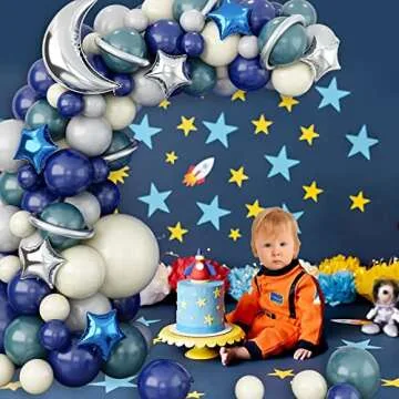 GREMAG Outer Space Balloon Garland Kit, 124PCS Space Birthday Decorations, Navy Blue Ivory White Sea Blue Grey Balloon, Moon Star Foil Balloon for Boy Kids Astronaut UFO Themed Birthday Party Supplies