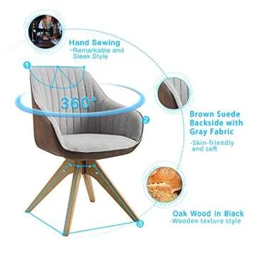 Art Leon Mid Century Modern Swivel Accent Chair with Beech Wood Legs, Desk Chair No Wheels, Armchair for Desk, Brown Leathaire Back Side and Gray Fabric Upholstered