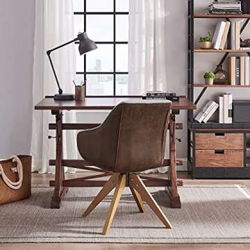 Art Leon Mid Century Modern Swivel Accent Chair with Beech Wood Legs, Desk Chair No Wheels, Armchair for Desk, Brown Leathaire Back Side and Gray Fabric Upholstered