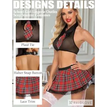Avidlove Women Schoolgirl's Outfit Costume Lingerie Set With Tie Top Mini Skirt, Black, Medium