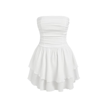 CIDER Women's Summer Cocktail Dress - Tube Ruched Ruffle Mini Dress: White, M
