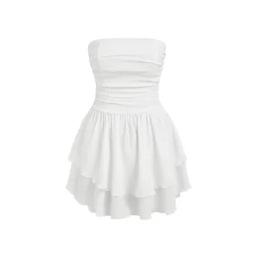 CIDER Women's Summer Cocktail Dress - Tube Ruched Ruffle Mini Dress: White, M