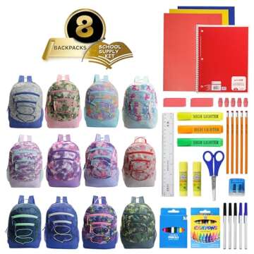 8-Pack 17” Backpacks with 50 Piece School Supplies Kits - Pens, Pencils, Crayons – Bulk Bundle f...