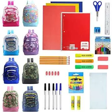 8-Pack 17” Backpacks with 50 Piece School Supplies Kits - Pens, Pencils, Crayons – Bulk Bundle for Elementary, Middle, and High School Students, 8 Assorted Styles