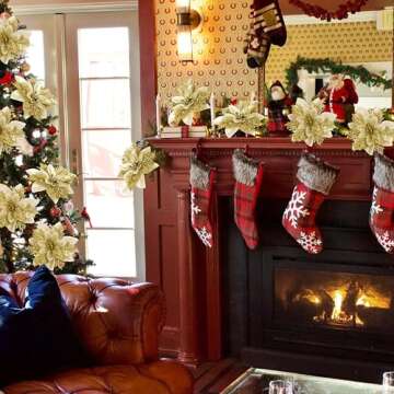 16 PCS Poinsettia Flower Artificial Poinsettia Christmas Decorations Glitter Poinsettias Christmas O...