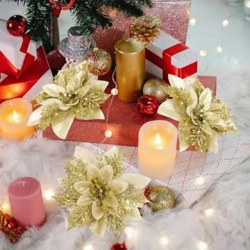 16 PCS Poinsettia Flower Artificial Poinsettia Christmas Decorations Glitter Poinsettias Christmas Ornaments Christmas Tree Flower Decorations with Clips DIY Xmas Wreath Holiday Weed Home Party Decor