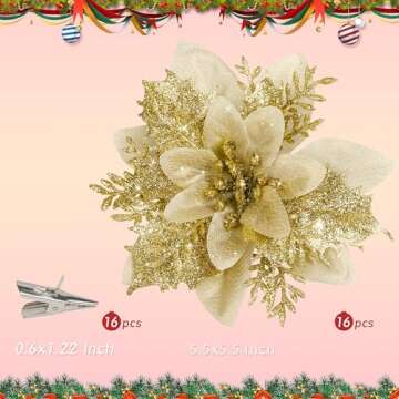 16 PCS Poinsettia Flower Artificial Poinsettia Christmas Decorations Glitter Poinsettias Christmas Ornaments Christmas Tree Flower Decorations with Clips DIY Xmas Wreath Holiday Weed Home Party Decor