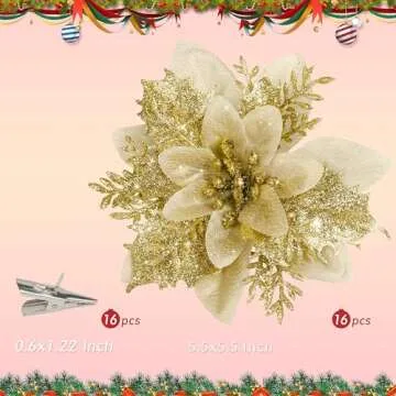 16 PCS Poinsettia Flower Artificial Poinsettia Christmas Decorations Glitter Poinsettias Christmas Ornaments Christmas Tree Flower Decorations with Clips DIY Xmas Wreath Holiday Weed Home Party Decor