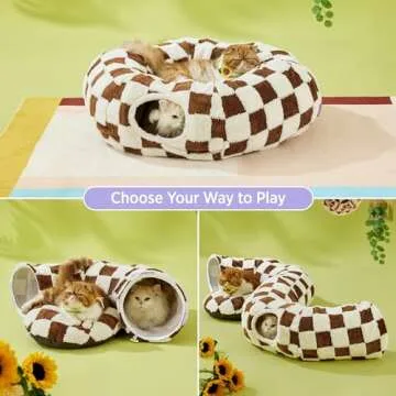 Lesure Cat Tunnel Bed for Indoor - Cute Cat Donut Tunnel with Washable Circle Cushion, Round Pet Peekaboo Cave Toy for Kitten/Puppy/Rabbit, Brown