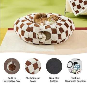 Lesure Cat Tunnel Bed for Indoor - Cute Cat Donut Tunnel with Washable Circle Cushion, Round Pet Peekaboo Cave Toy for Kitten/Puppy/Rabbit, Brown