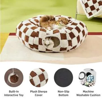 Lesure Cat Tunnel Bed for Indoor - Cute Cat Donut Tunnel with Washable Circle Cushion, Round Pet Peekaboo Cave Toy for Kitten/Puppy/Rabbit, Brown
