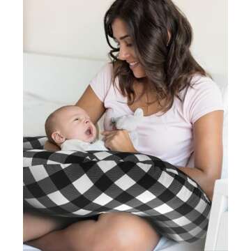 The Peanutshell Black & White Buffalo Plaid Nursing Pillow for Breastfeeding & Nursing Pillow Cover for Baby Boys or Girls