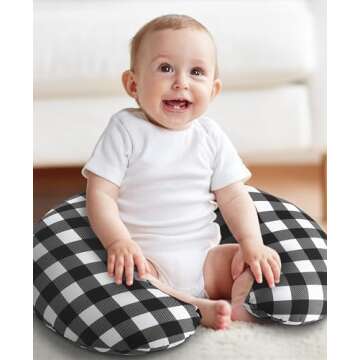 The Peanutshell Black & White Buffalo Plaid Nursing Pillow for Breastfeeding & Nursing Pillow Cover for Baby Boys or Girls