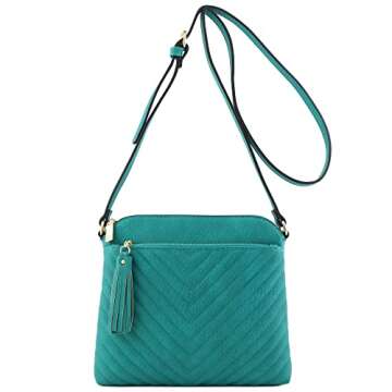 FashionPuzzle Chevron Quilted Medium Crossbody Bag with Tassel Accent (Teal)