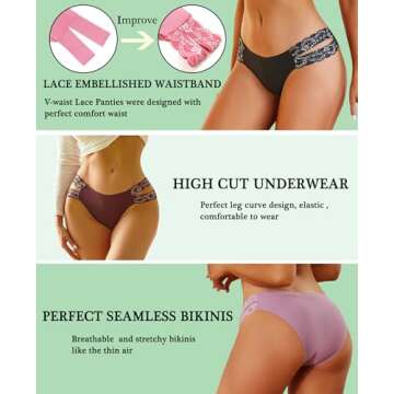 FINETOO Seamless Underwear for Women Cheeky Bikini Panties High Cut V-waist Lace Underwear Women Cute Bikinis 6 Pack
