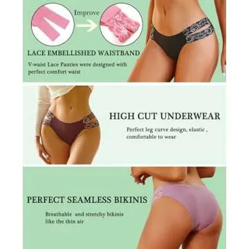 FINETOO Seamless Underwear for Women Cheeky Bikini Panties High Cut V-waist Lace Underwear Women Cute Bikinis 6 Pack