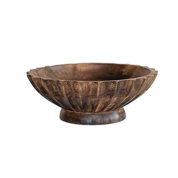 Bloomingville 9.5 Inches Round Hand-Carved Mango Wood Bowl with Scalloped Edge and Burnt Finish