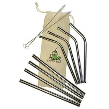 Reusable Stainless Steel Straws by EARTHLINGS │ Set of 8 Including 4 Extra Wide Smoothie Straws + 4 Bent Straws │ Including 2 Cleaning Brushes + Travel Bag │ Eco Friendly & Vegan