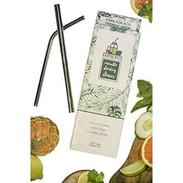 Reusable Stainless Steel Straws by EARTHLINGS │ Set of 8 Including 4 Extra Wide Smoothie Straws + 4 Bent Straws │ Including 2 Cleaning Brushes + Travel Bag │ Eco Friendly & Vegan