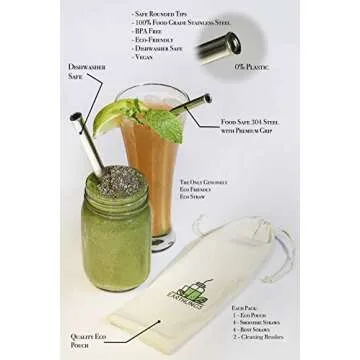 Reusable Stainless Steel Straws by EARTHLINGS │ Set of 8 Including 4 Extra Wide Smoothie Straws + 4 Bent Straws │ Including 2 Cleaning Brushes + Travel Bag │ Eco Friendly & Vegan