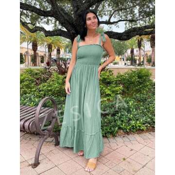 ZESICA Women's 2024 Summer Boho Spaghetti Strap Square Neck Solid Color Ruffle A Line Beach Long Maxi Dress,Green,Small