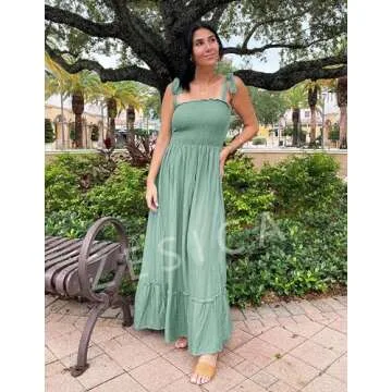 ZESICA Women's 2024 Summer Boho Spaghetti Strap Square Neck Solid Color Ruffle A Line Beach Long Maxi Dress,Green,Small
