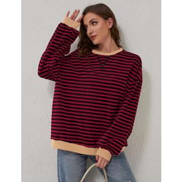 synound Women Striped Color Block Oversized Sweatshirt Crew Neck Long Sleeve Shirt Pullover Top Casual Loose Fit Sweater