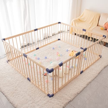 Baby Wooden Playpen, 59 x 71 Inches Solid Wood Playpen, Baby Fence Play Area with Safety Gate, Sturd...