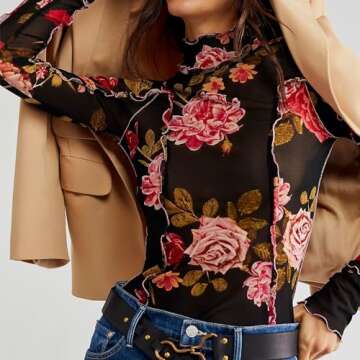 Women Floral Print Mesh Top Long Sleeve Mock Neck See Through Tee Lettuce Trim Sheer Shirt Y2k Summer Blouse Top (A Black Floral Blouse, S)