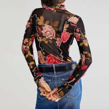 Women Floral Print Mesh Top Long Sleeve Mock Neck See Through Tee Lettuce Trim Sheer Shirt Y2k Summer Blouse Top (A Black Floral Blouse, S)