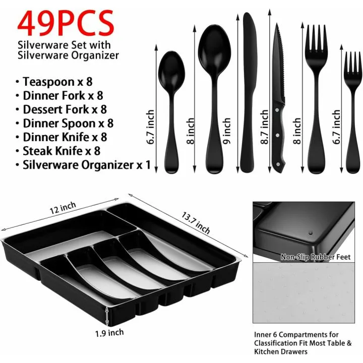 49-Piece Black Silverware Set for 8 with Organizer